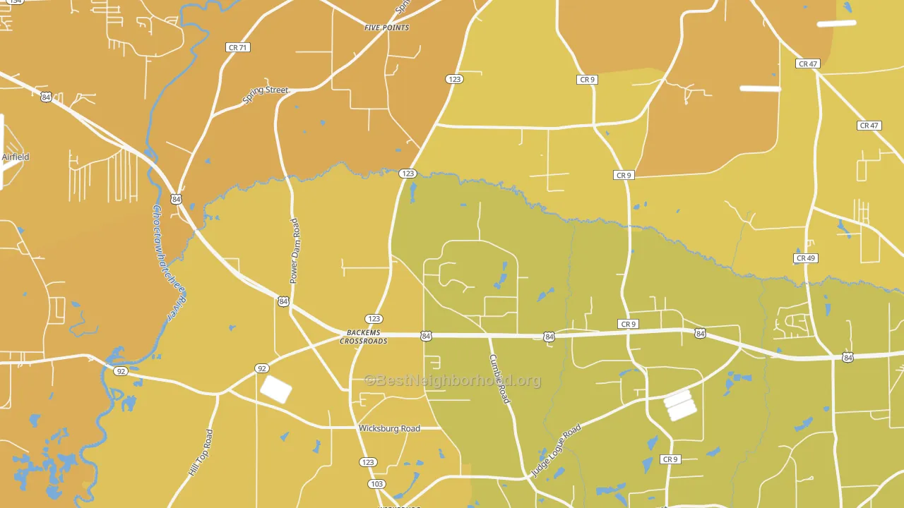 Map of the best neighborhoods in the 36352 area, with better matches in green and worse matches in red