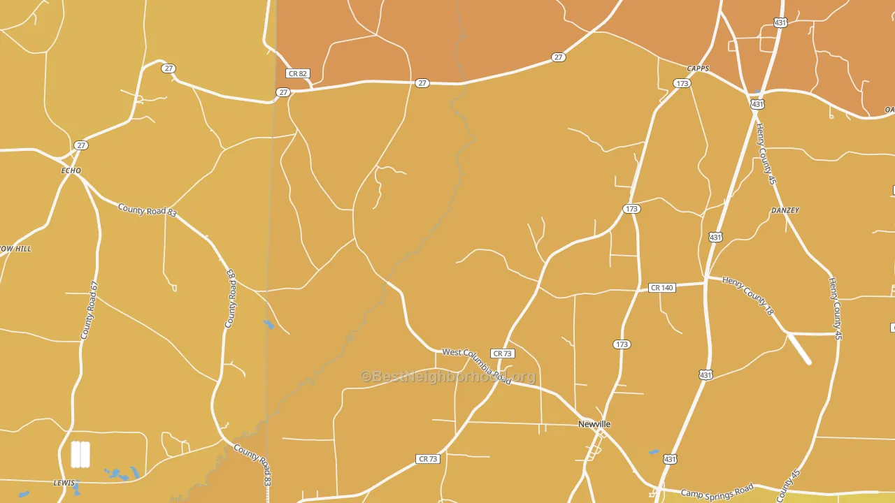 Map of the best neighborhoods in the 36353 area, with better matches in green and worse matches in red