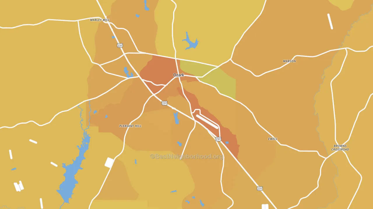 Map of the best neighborhoods in the 36360 area, with better matches in green and worse matches in red