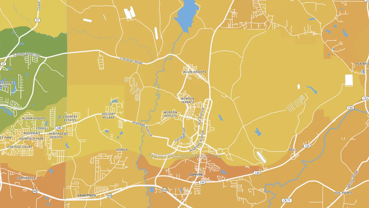 Map of the best neighborhoods in the 36362 area, with better matches in green and worse matches in red
