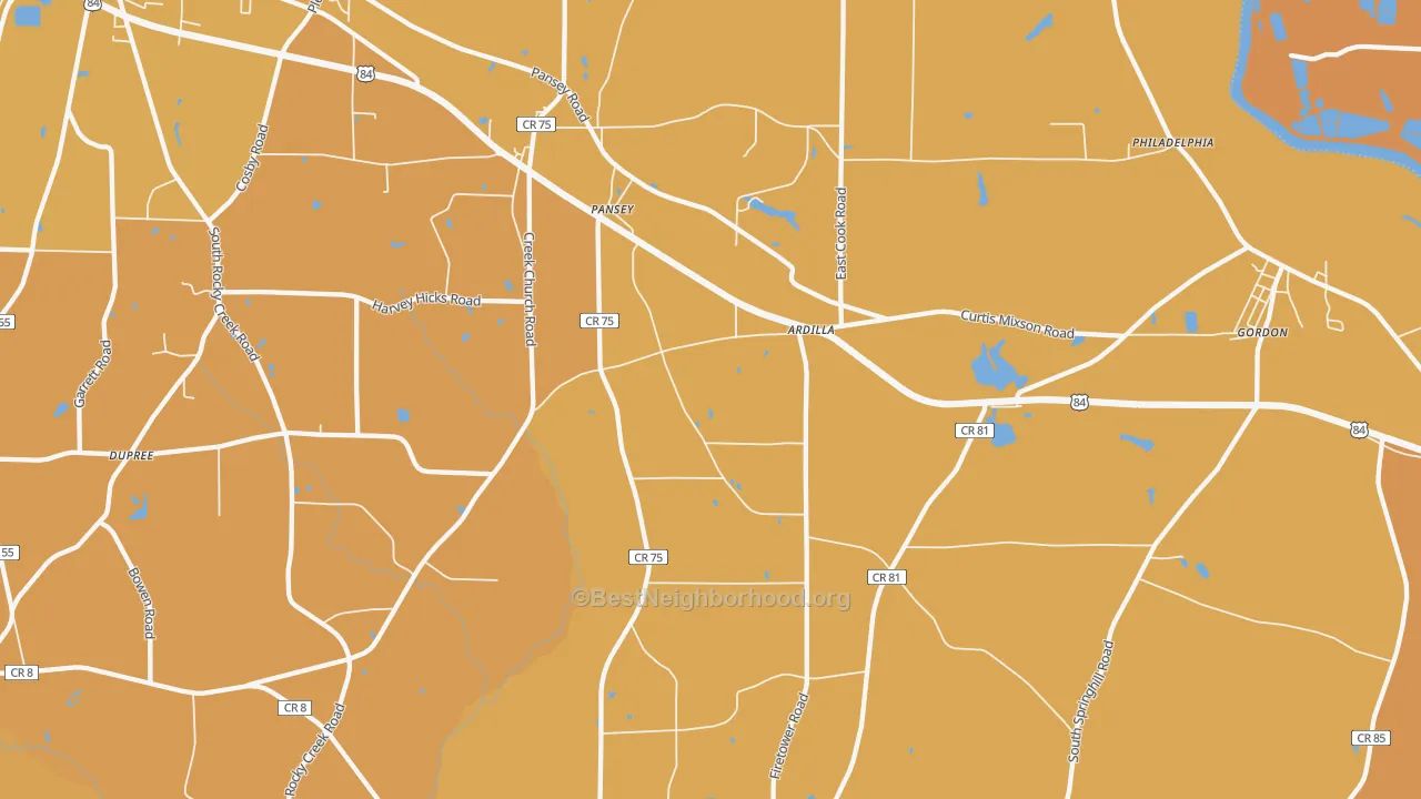 Map of the best neighborhoods in the 36370 area, with better matches in green and worse matches in red