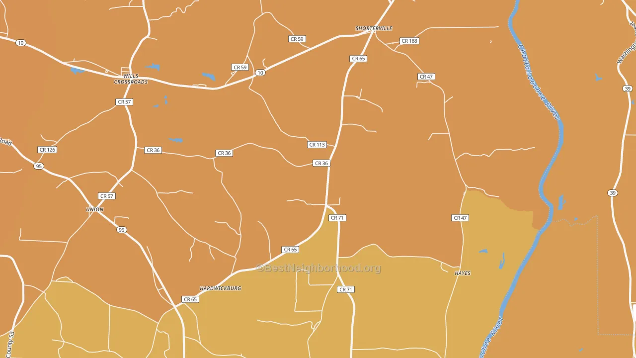 Map of the best neighborhoods in the 36373 area, with better matches in green and worse matches in red