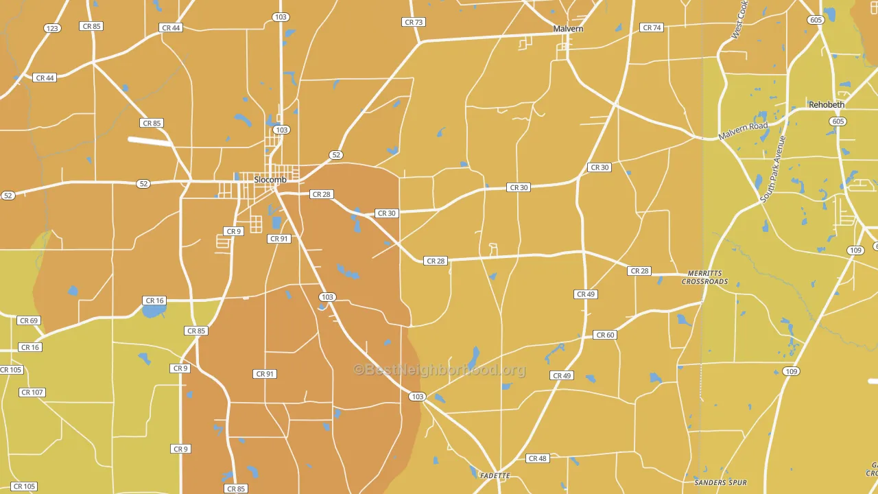 Map of the best neighborhoods in the 36375 area, with better matches in green and worse matches in red