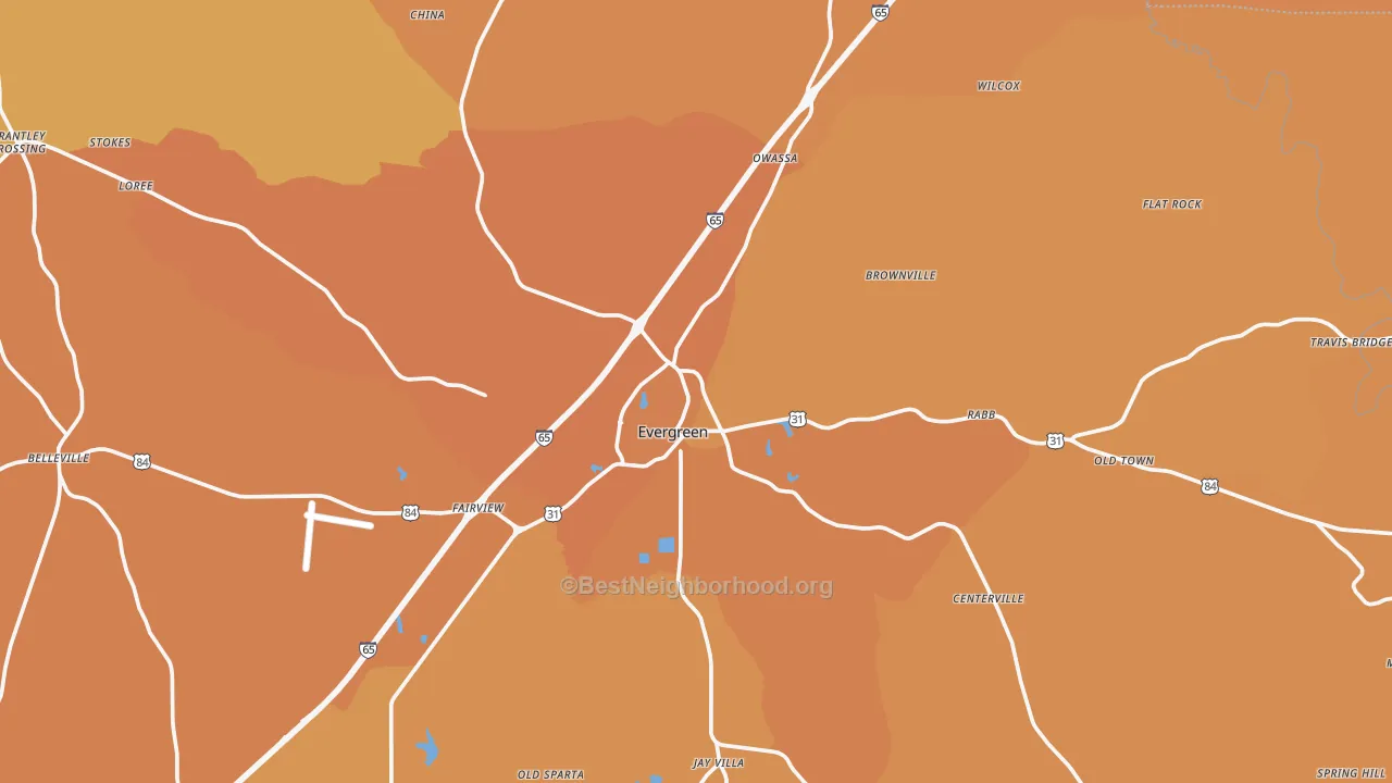 Map of the best neighborhoods in the 36401 area, with better matches in green and worse matches in red