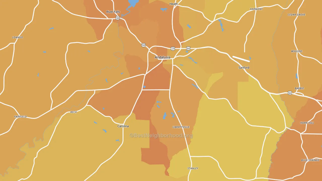 Map of the best neighborhoods in the 36420 area, with better matches in green and worse matches in red
