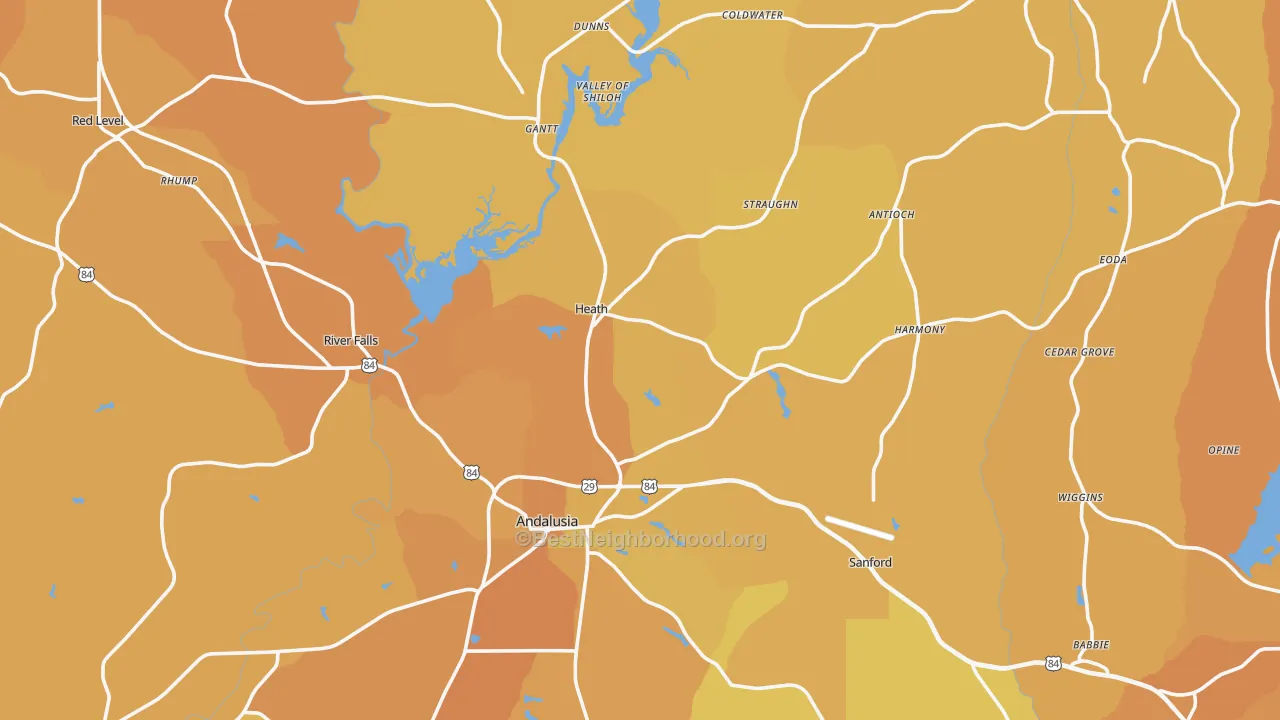 Map of the best neighborhoods in the 36421 area, with better matches in green and worse matches in red
