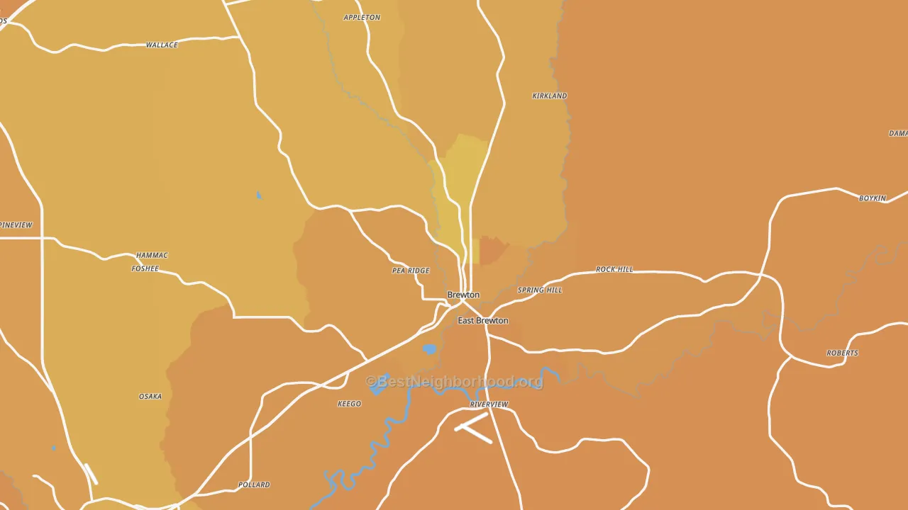 Map of the best neighborhoods in the 36426 area, with better matches in green and worse matches in red