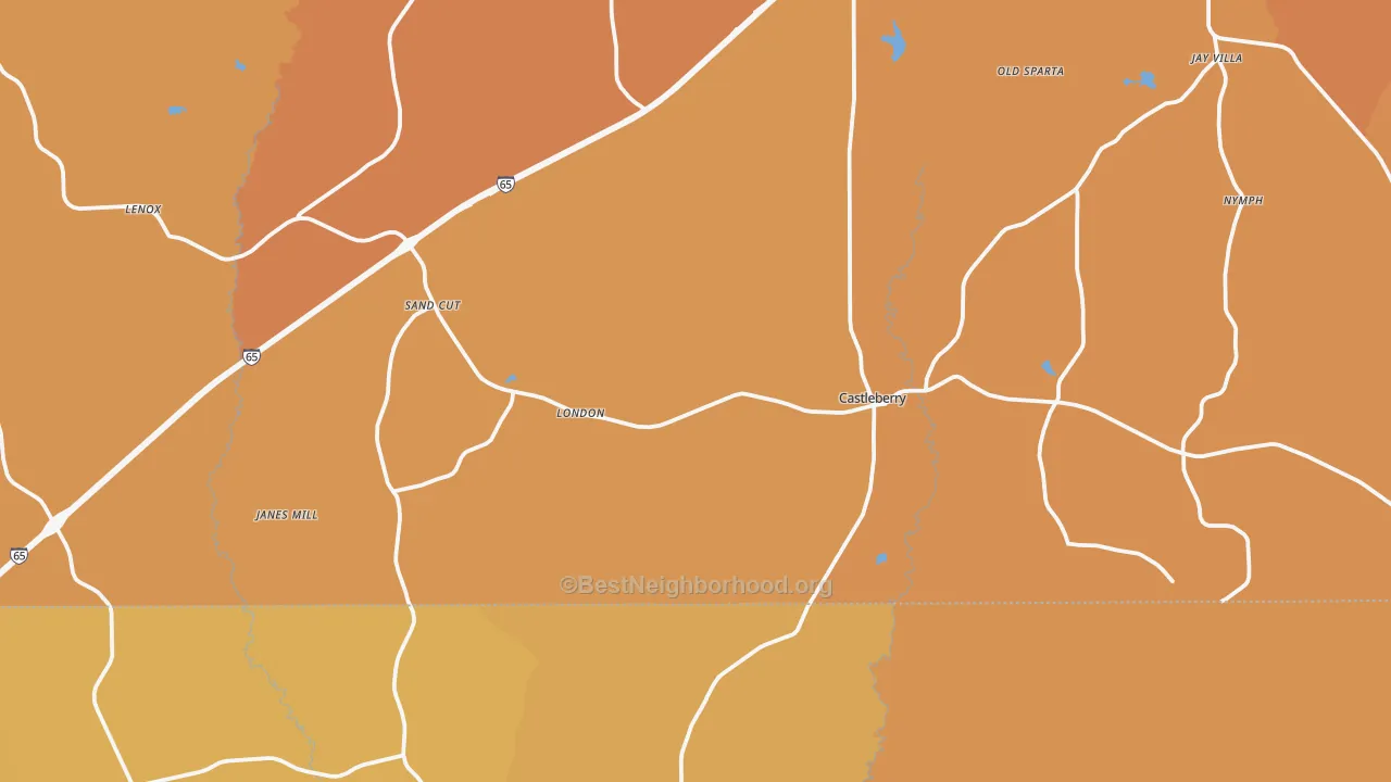 Map of the best neighborhoods in the 36432 area, with better matches in green and worse matches in red