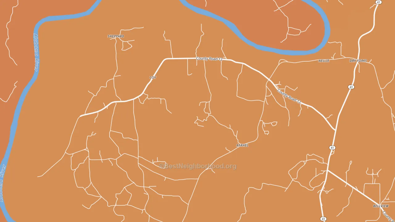 Map of the best neighborhoods in the 36435 area, with better matches in green and worse matches in red