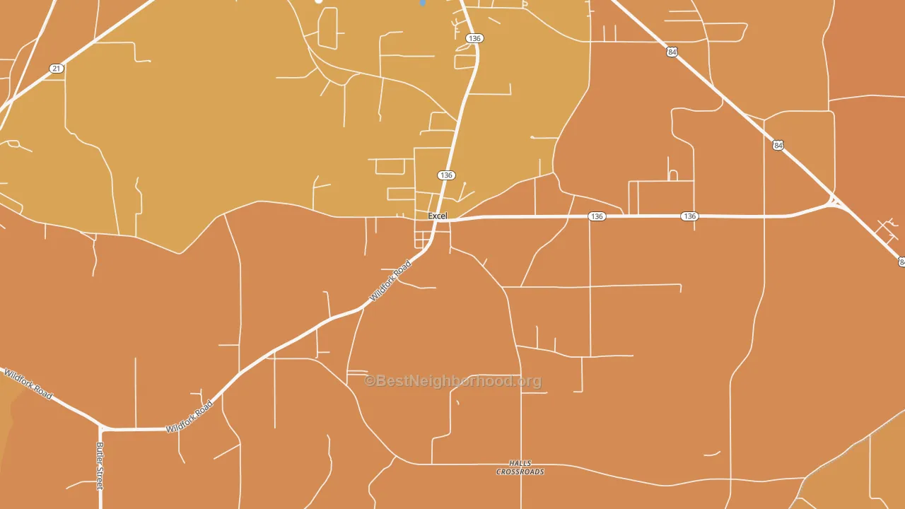 Map of the best neighborhoods in the 36439 area, with better matches in green and worse matches in red