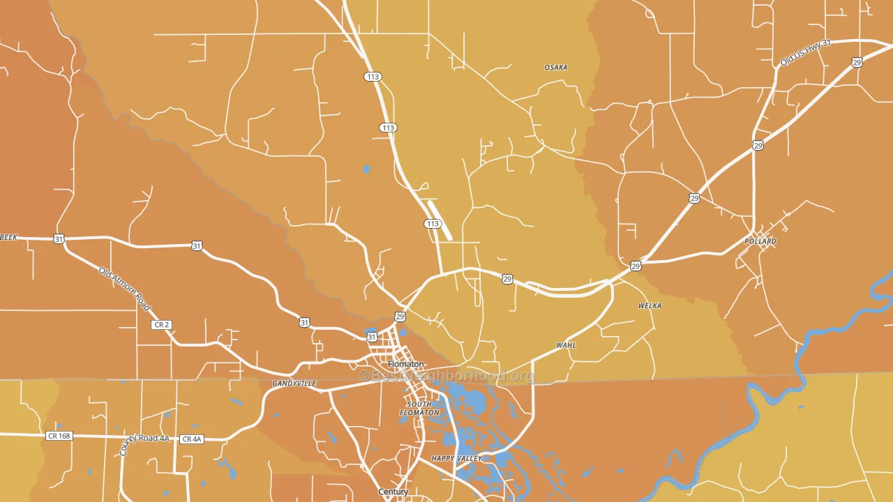 Map of the best neighborhoods in the 36441 area, with better matches in green and worse matches in red