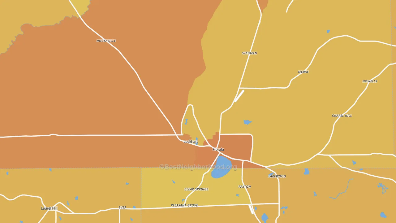 Map of the best neighborhoods in the 36442 area, with better matches in green and worse matches in red