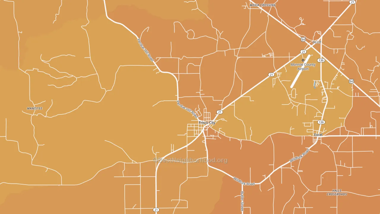 Map of the best neighborhoods in the 36445 area, with better matches in green and worse matches in red