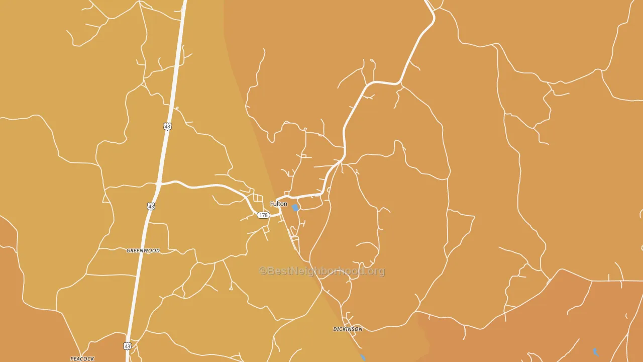 Map of the best neighborhoods in the 36446 area, with better matches in green and worse matches in red