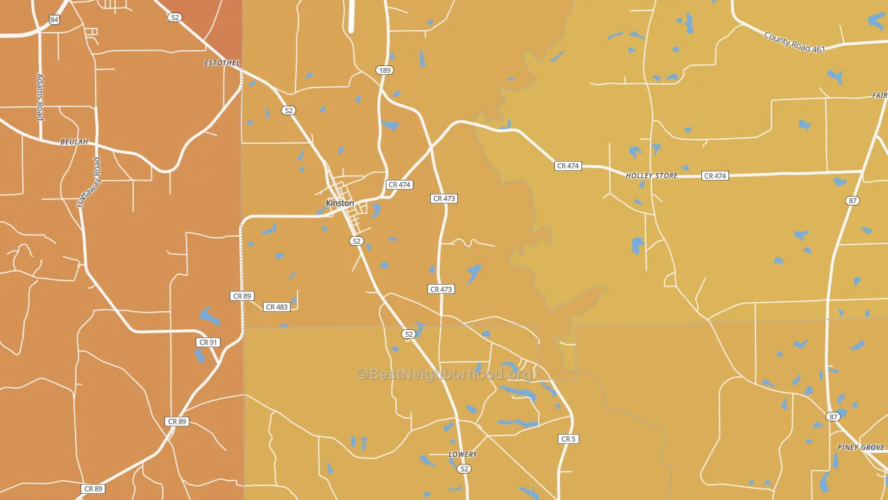 Map of the best neighborhoods in the 36453 area, with better matches in green and worse matches in red