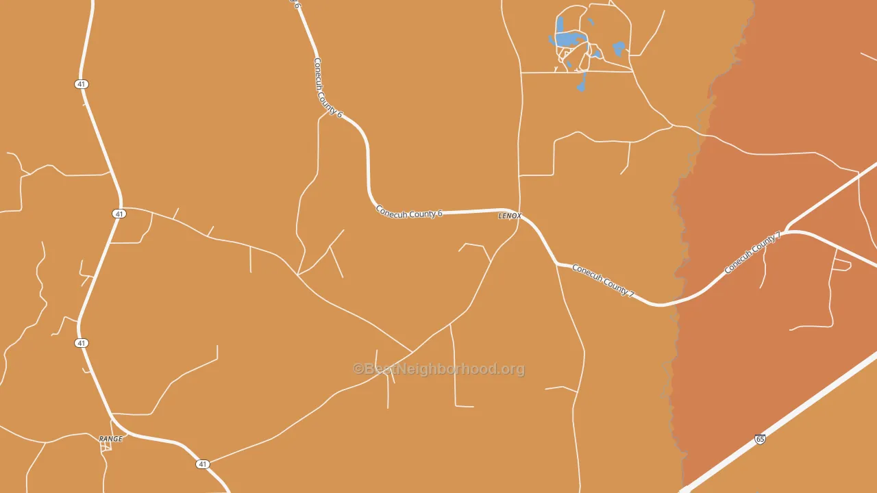 Map of the best neighborhoods in the 36454 area, with better matches in green and worse matches in red