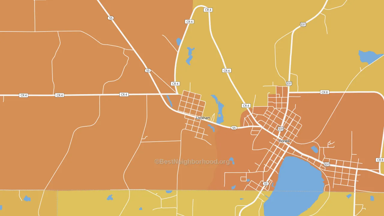 Map of the best neighborhoods in the 36455 area, with better matches in green and worse matches in red