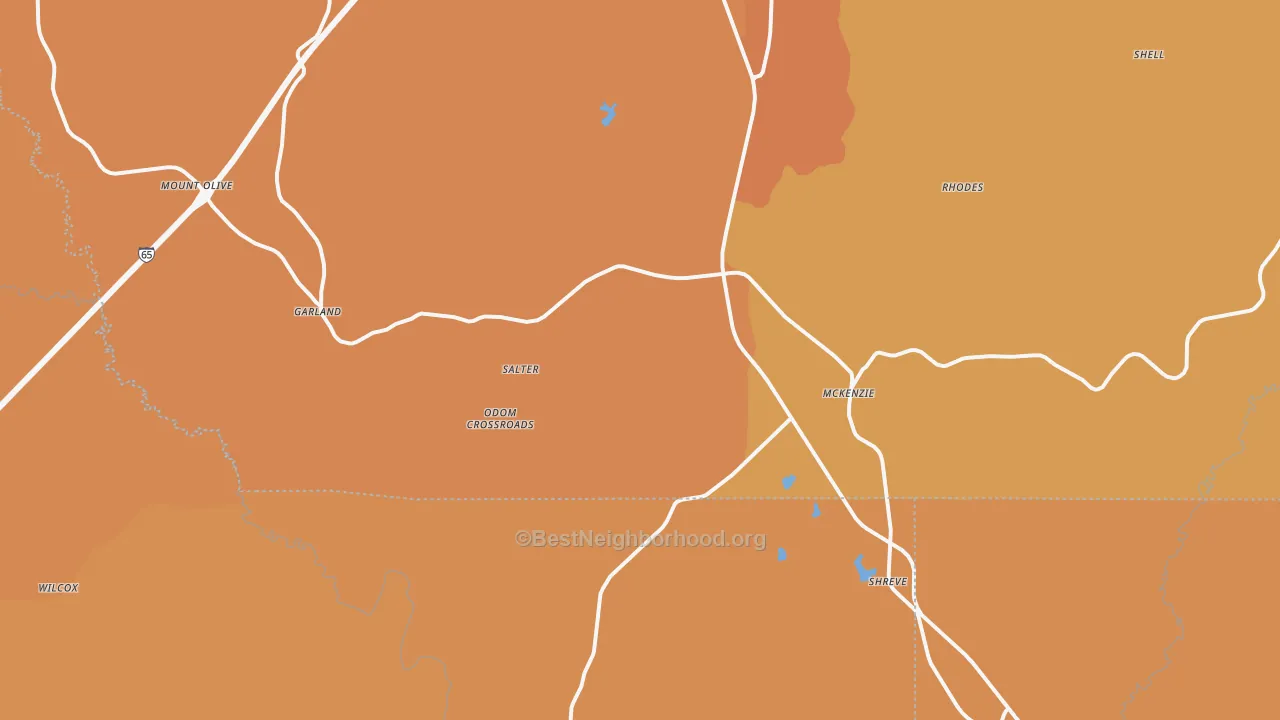 Map of the best neighborhoods in the 36456 area, with better matches in green and worse matches in red