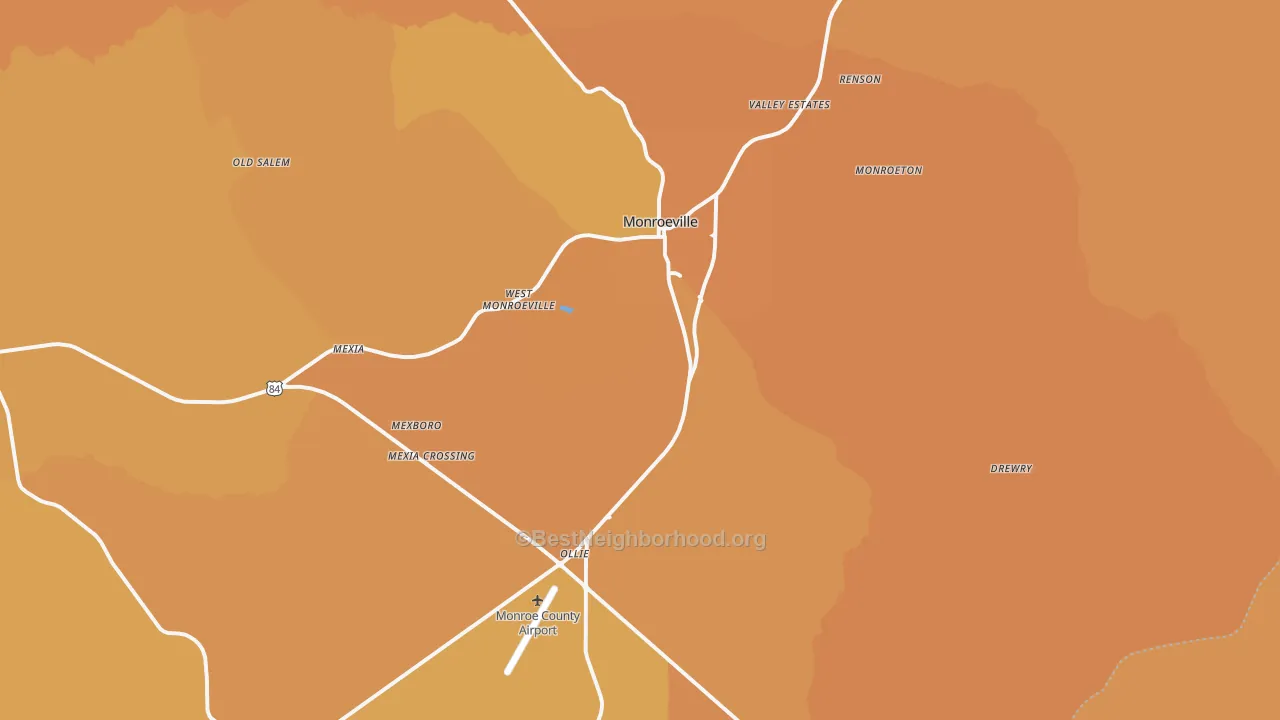 Map of the best neighborhoods in the 36460 area, with better matches in green and worse matches in red