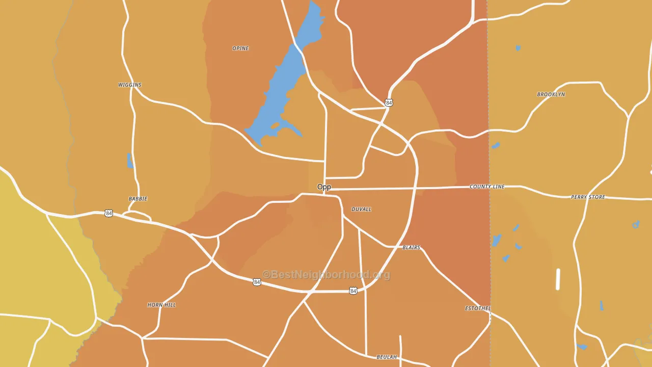 Map of the best neighborhoods in the 36467 area, with better matches in green and worse matches in red