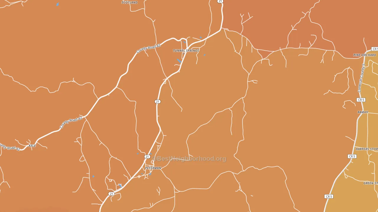 Map of the best neighborhoods in the 36471 area, with better matches in green and worse matches in red