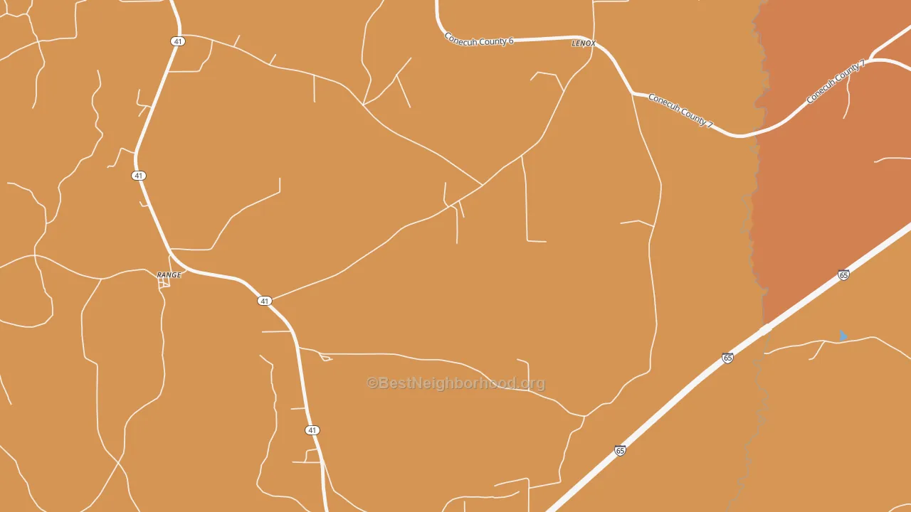 Map of the best neighborhoods in the 36473 area, with better matches in green and worse matches in red