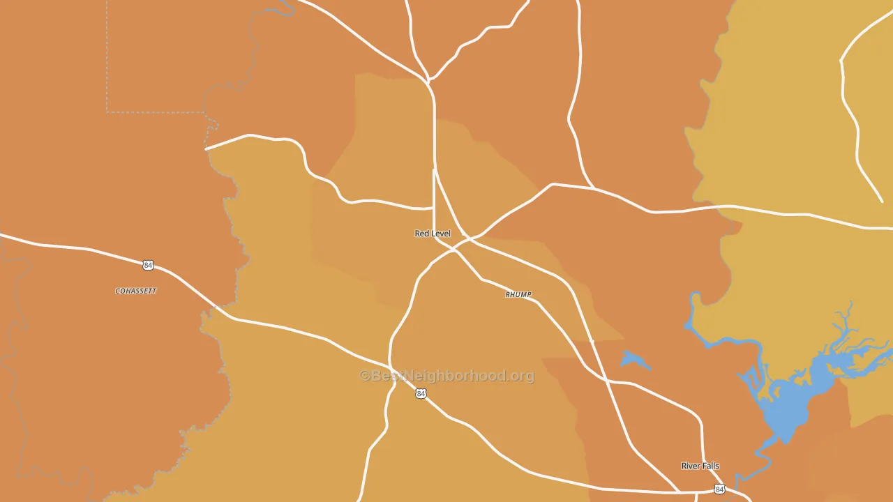 Map of the best neighborhoods in the 36474 area, with better matches in green and worse matches in red