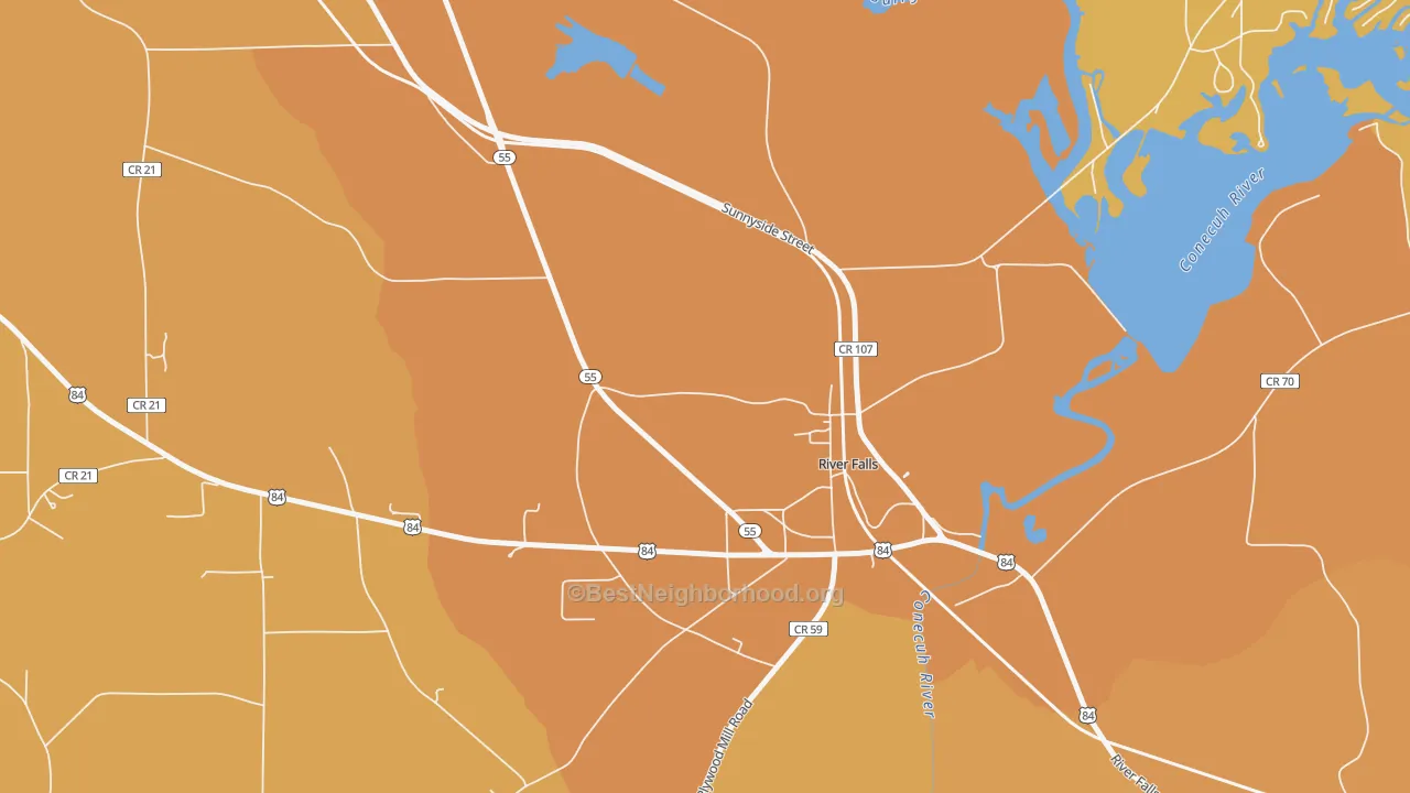 Map of the best neighborhoods in the 36476 area, with better matches in green and worse matches in red