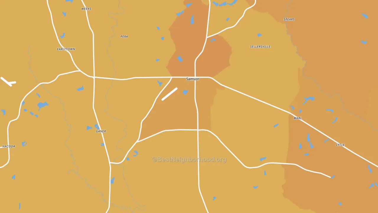 Map of the best neighborhoods in the 36477 area, with better matches in green and worse matches in red