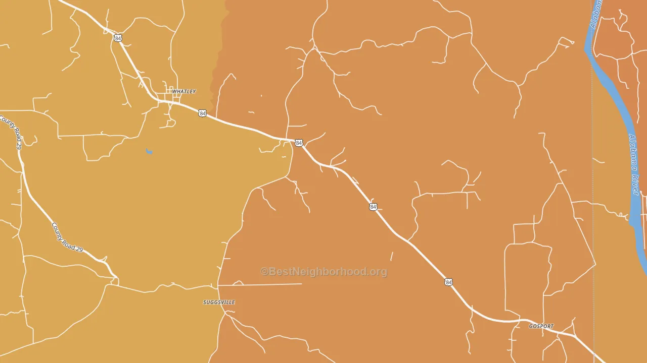 Map of the best neighborhoods in the 36482 area, with better matches in green and worse matches in red
