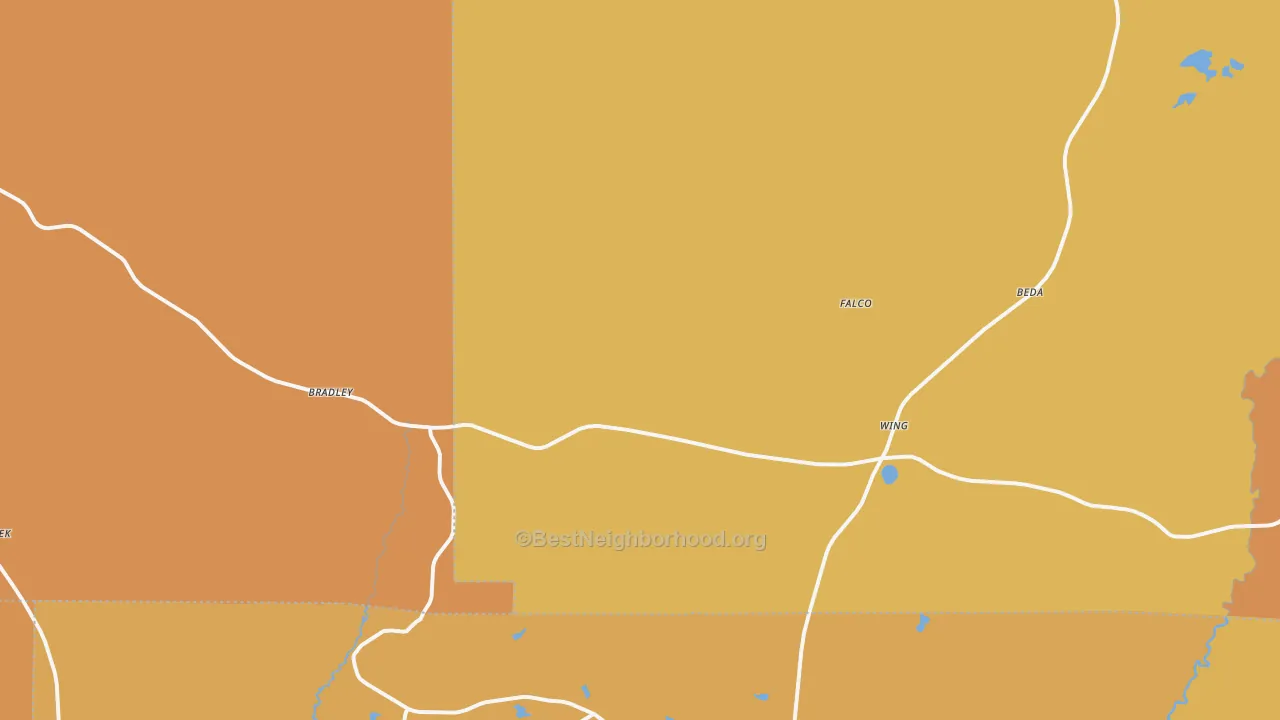 Map of the best neighborhoods in the 36483 area, with better matches in green and worse matches in red