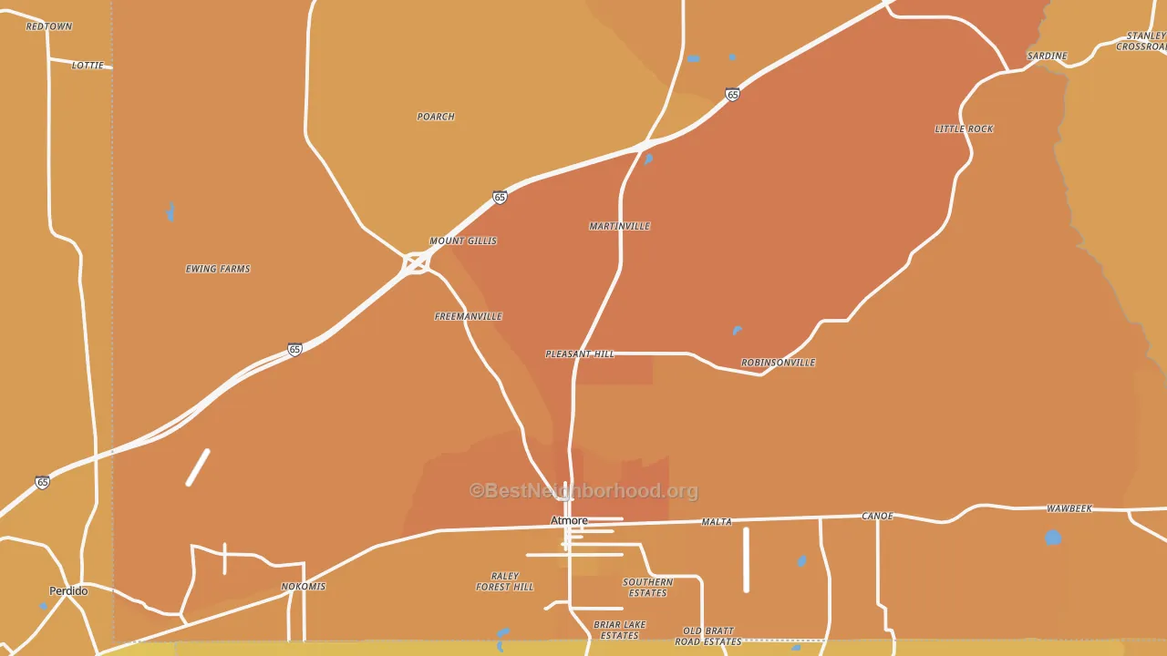 Map of the best neighborhoods in the 36502 area, with better matches in green and worse matches in red