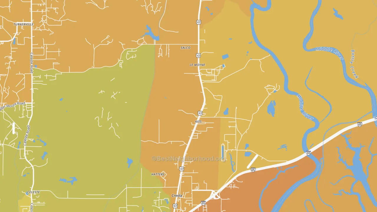Map of the best neighborhoods in the 36505 area, with better matches in green and worse matches in red