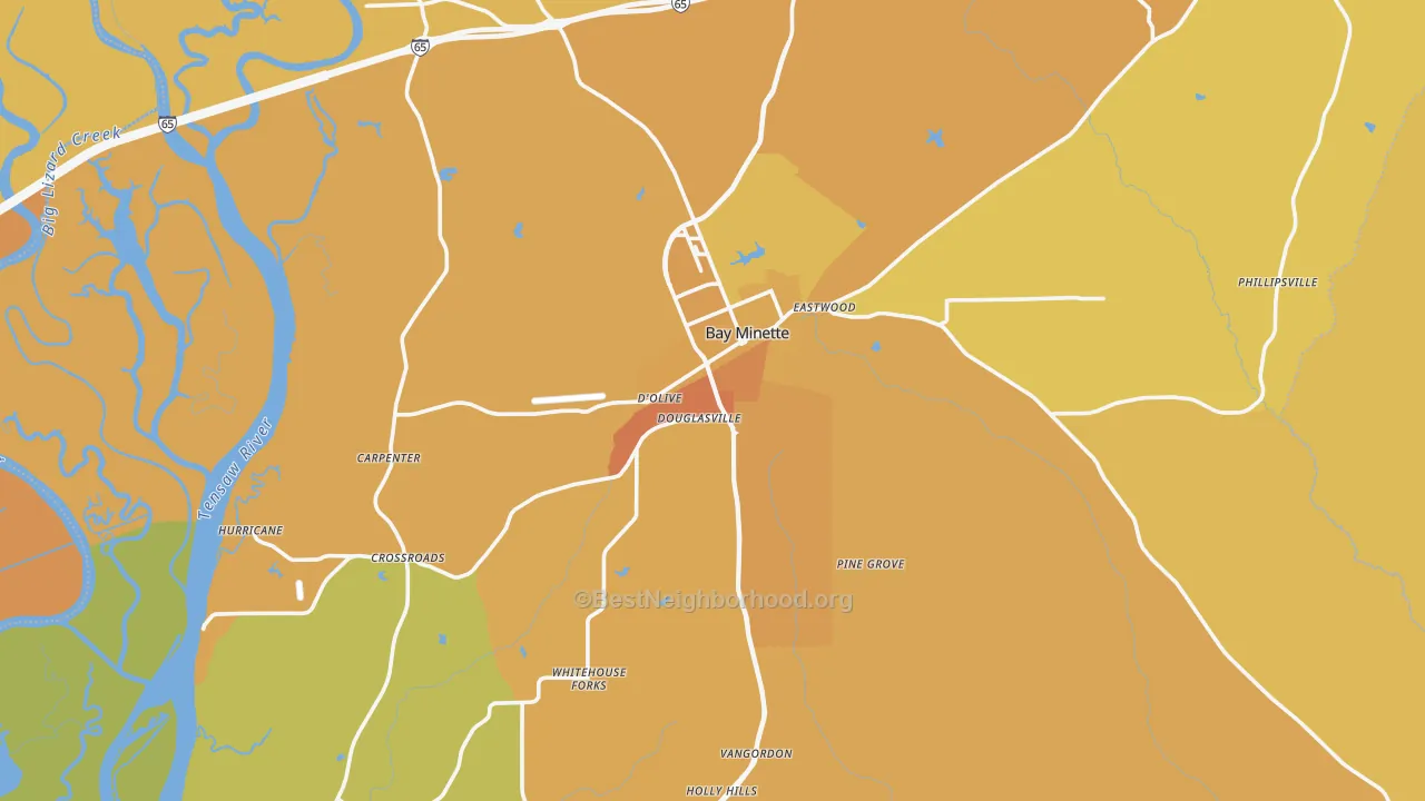 Map of the best neighborhoods in the 36507 area, with better matches in green and worse matches in red