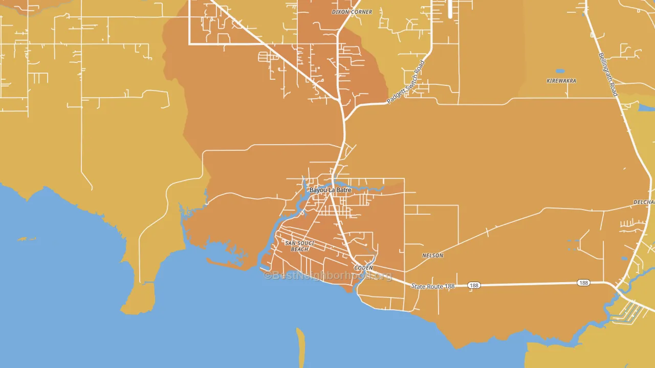 Map of the best neighborhoods in the 36509 area, with better matches in green and worse matches in red