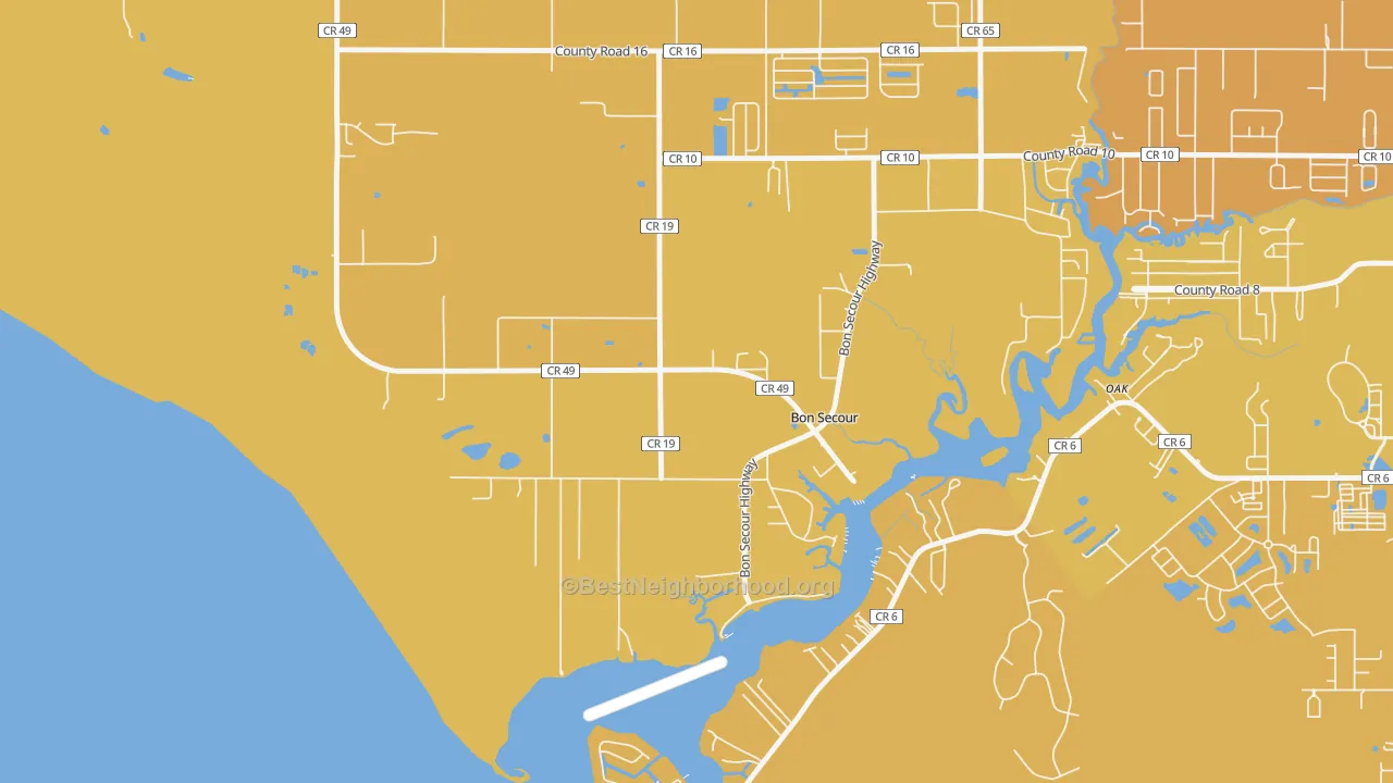 Map of the best neighborhoods in the 36511 area, with better matches in green and worse matches in red