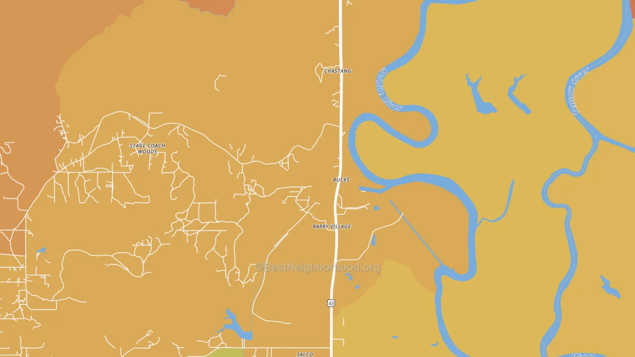 Map of the best neighborhoods in the 36512 area, with better matches in green and worse matches in red