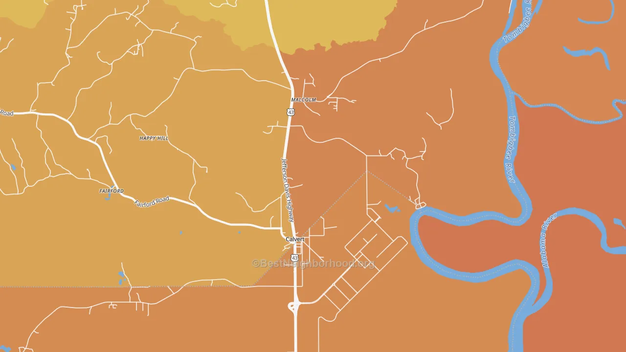 Map of the best neighborhoods in the 36513 area, with better matches in green and worse matches in red