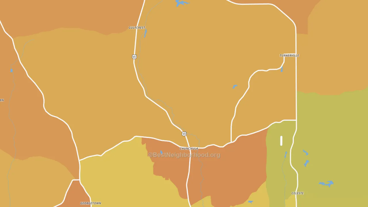 Map of the best neighborhoods in the 36521 area, with better matches in green and worse matches in red