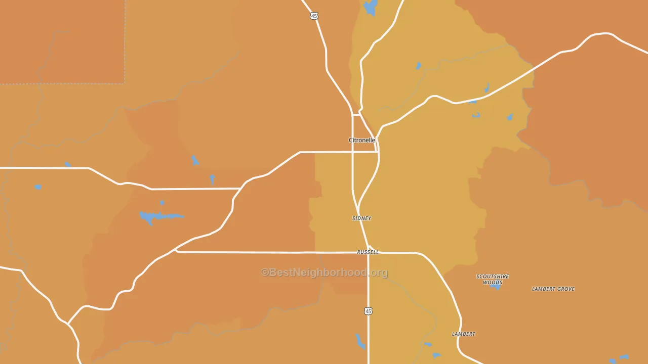 Map of the best neighborhoods in the 36522 area, with better matches in green and worse matches in red