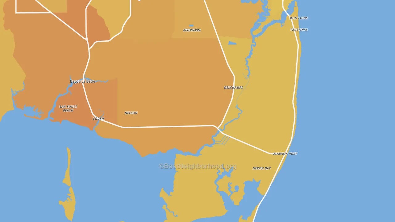 Map of the best neighborhoods in the 36523 area, with better matches in green and worse matches in red
