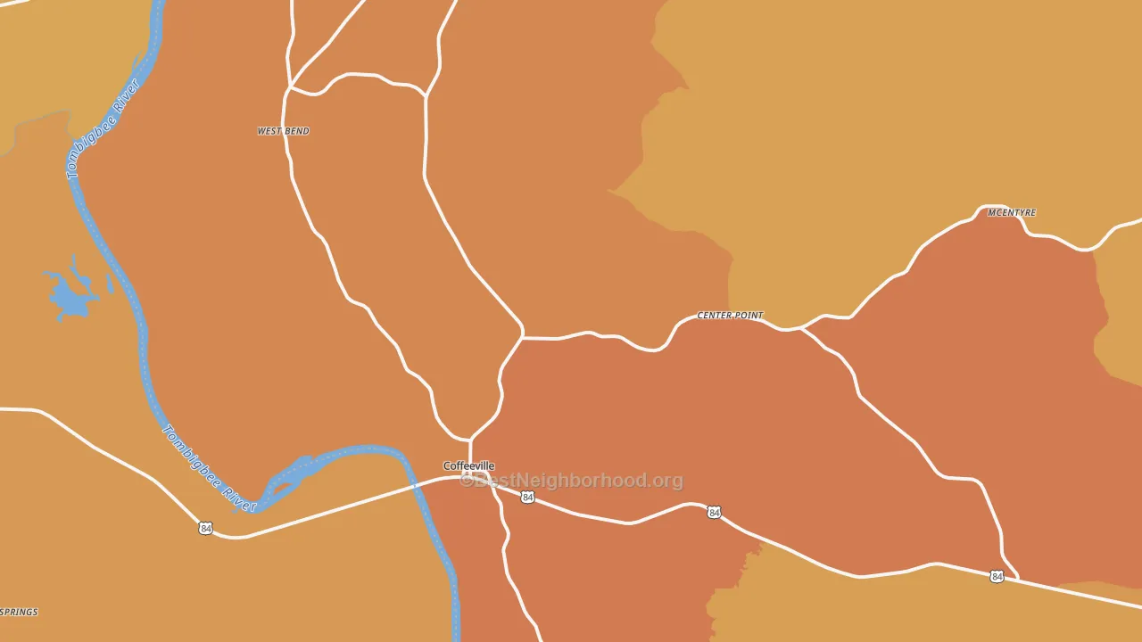Map of the best neighborhoods in the 36524 area, with better matches in green and worse matches in red
