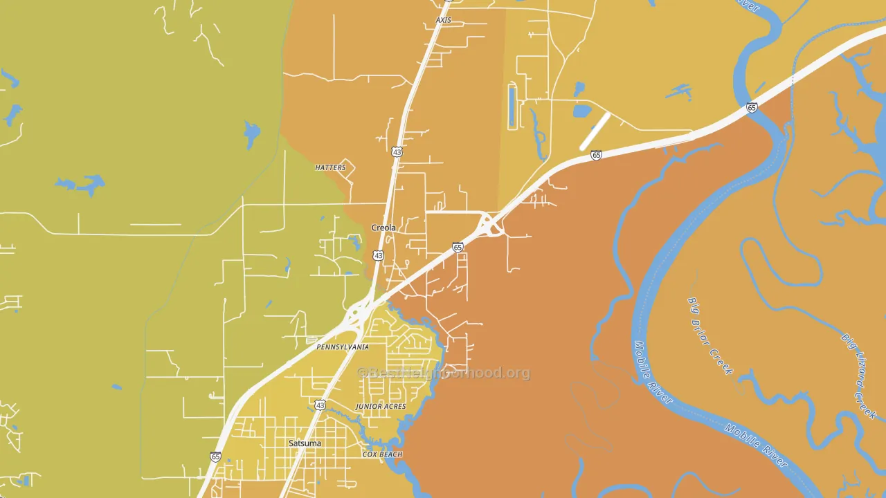 Map of the best neighborhoods in the 36525 area, with better matches in green and worse matches in red