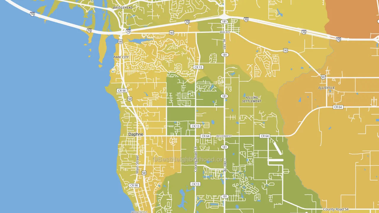 Map of the best neighborhoods in the 36526 area, with better matches in green and worse matches in red