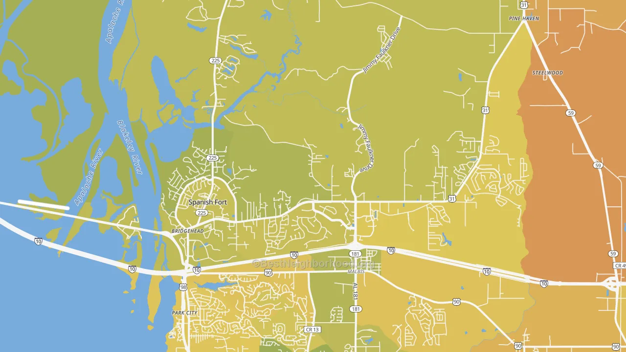 Map of the best neighborhoods in the 36527 area, with better matches in green and worse matches in red