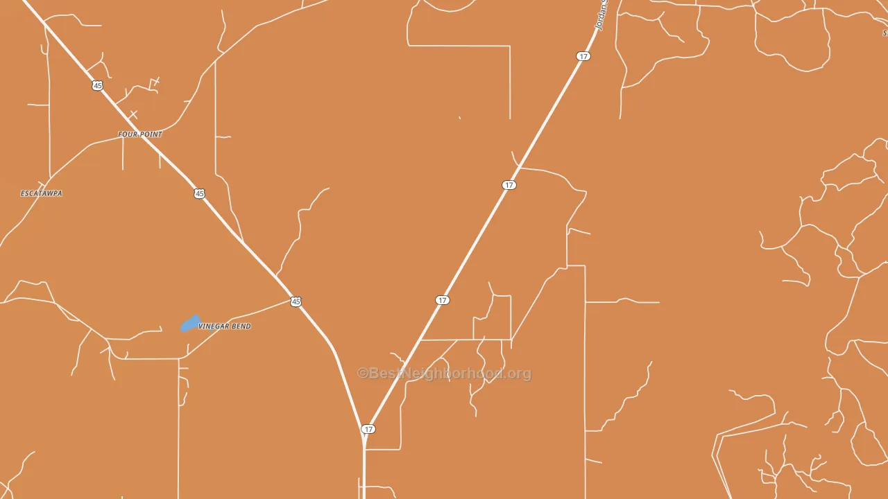 Map of the best neighborhoods in the 36529 area, with better matches in green and worse matches in red