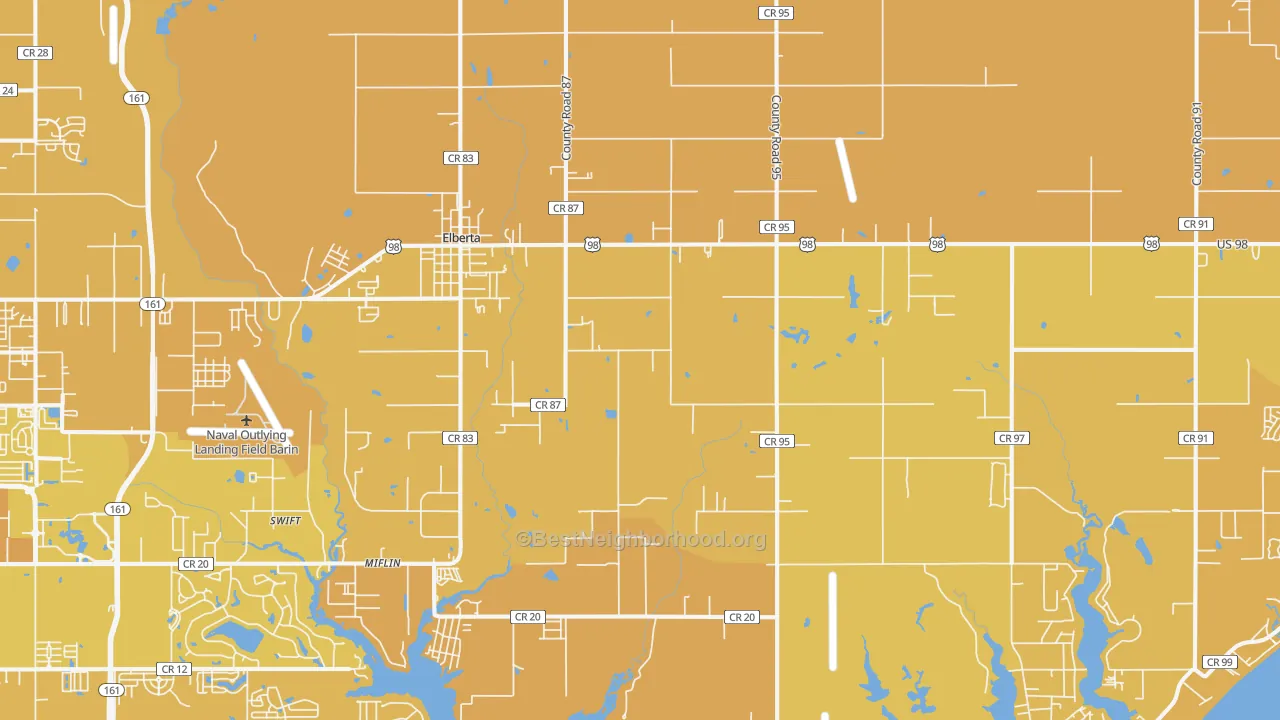 Map of the best neighborhoods in the 36530 area, with better matches in green and worse matches in red