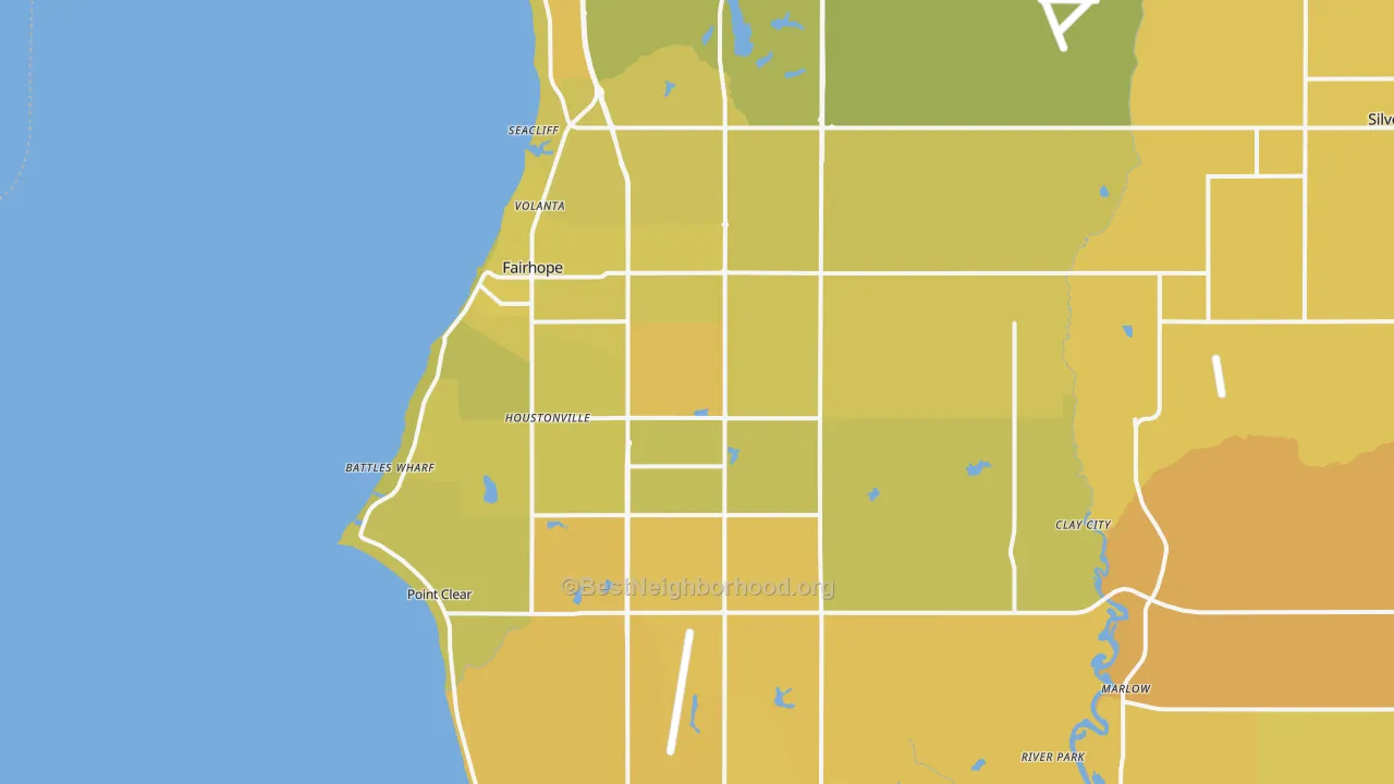 Map of the best neighborhoods in the 36532 area, with better matches in green and worse matches in red