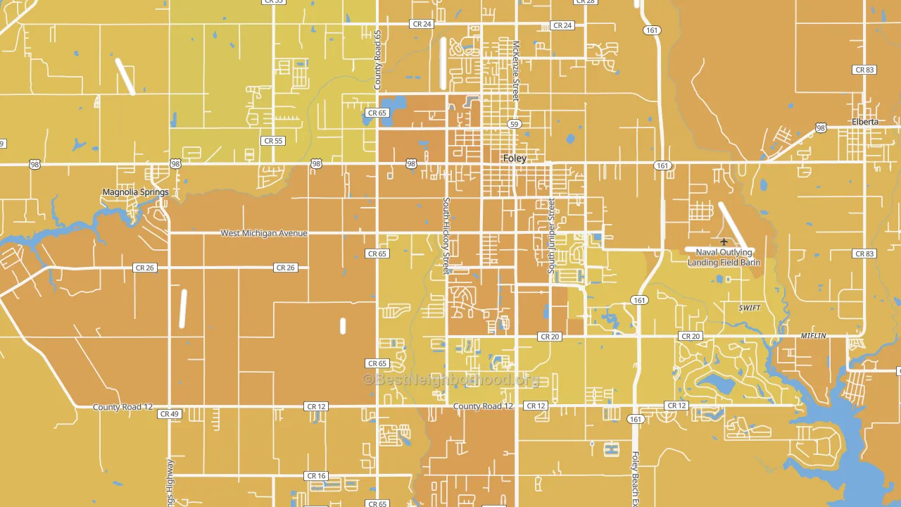 Map of the best neighborhoods in the 36535 area, with better matches in green and worse matches in red