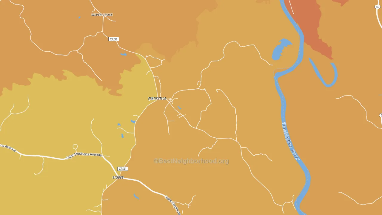 Map of the best neighborhoods in the 36538 area, with better matches in green and worse matches in red